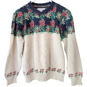 Vintage Women's M/L Christmas Sweater Cotton Scallop Trim Poinsettia Shabby‎ USA